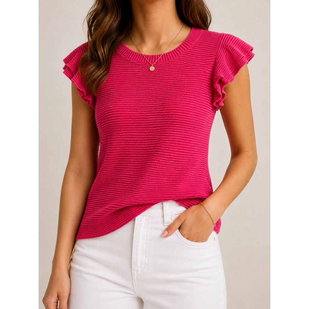 Moa Moa Pink Textured Ruffle Sleeve Top XS Made in USA Stretch Knit 4th of July